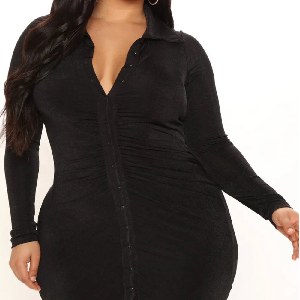Fashion Nova Silky Smooth Long Sleeve Ruched Dress - Black Size 3X